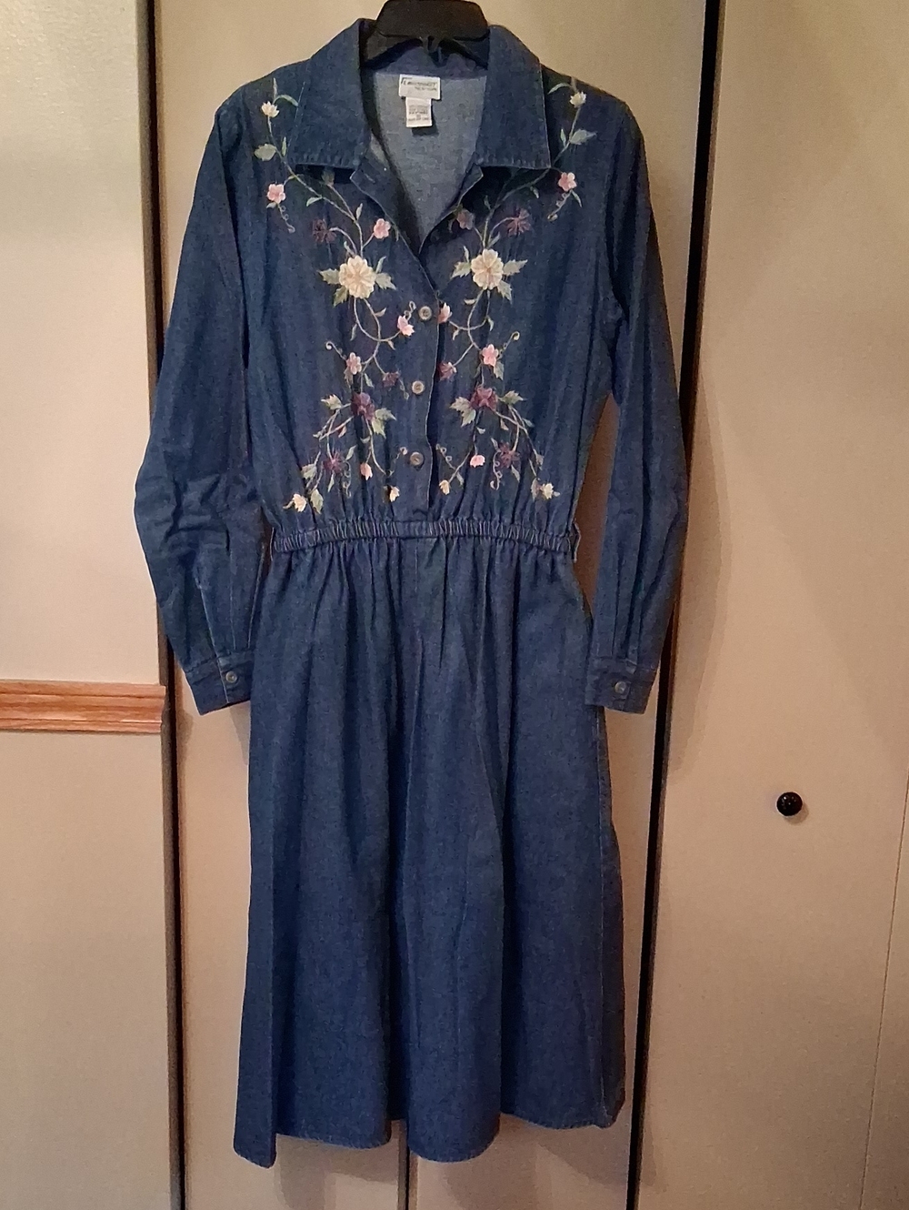 Florissant New York Blue Denim Long-Sleeve Dress with Floral Embroidery. Size 10